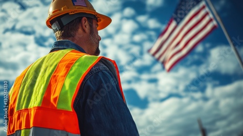 Close-up photo of an American construction worker wearing a high-visibility vest. with sky clouds background with American flag waving in background