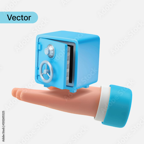 3D vector safe box icon in hand, symbolizing financial security and money savings. Represents business, investment, and banking concepts related to secure funds and wealth protection