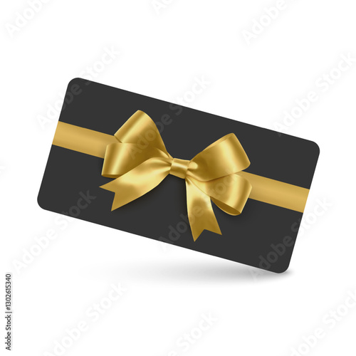 Golden voucher or gift card, gold certificate for discount. Set of isolated template for present coupon with ribbon and bow. Vector illustration
