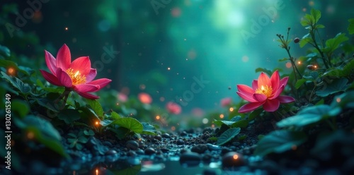 Dark teal abyss, glowing particles, out of focus flora, underwater scene, nature, shadows