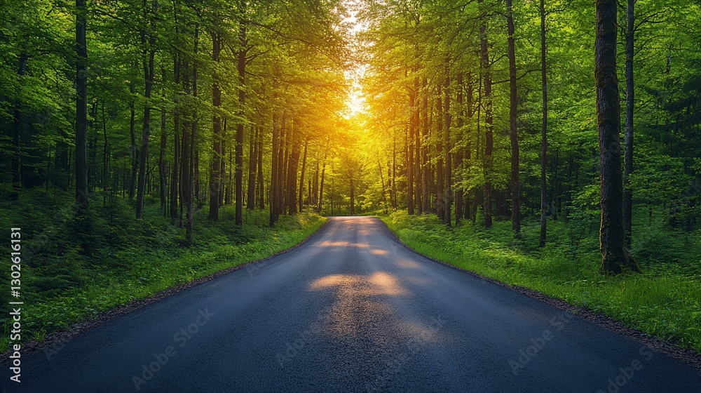 Obraz premium Sunlit road through lush green forest.
