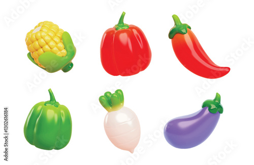 Vegetables and fruits 3D realistic vector icons collection. Corn, bell pepper, chili pepper, radish, and eggplant, all elements in minimal plastic style, perfect for healthy eating and food-related