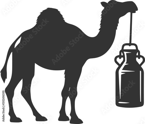 Camel with a metal milk can and sniffing the air animal vector silhouette