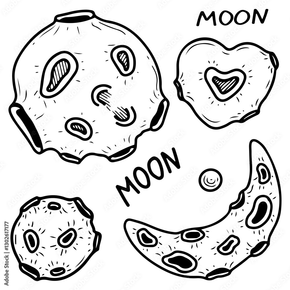 Set of moons. Hand drawn doodle. Planet satellite. Crescent. Lunar craters. Astronomical body of space. Vector line art illustration. Set of moons. Hand drawn doodle. Planet satellite. Crescent. Lunar craters. Astronomical body of space. Vector line art illustration.