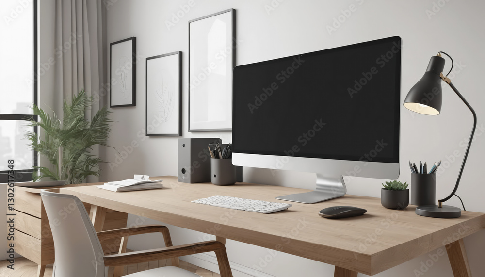 Clean minimal design of a modern office workspace with computer monitor and keyboard and a lamp on a wooden desk. Clean minimal design of a modern office workspace with computer monitor and keyboard and a lamp on a wooden desk.