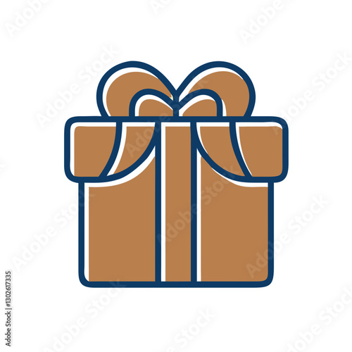 Brown gift box icon with bow and blue outline on transparent background
