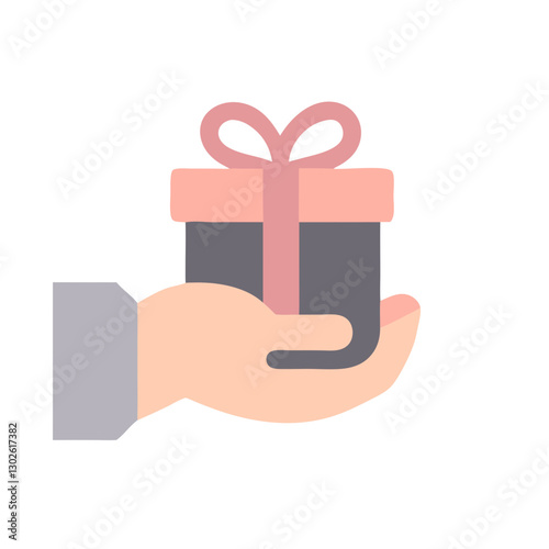 Hand holding gift box icon with pink ribbon on transparent background