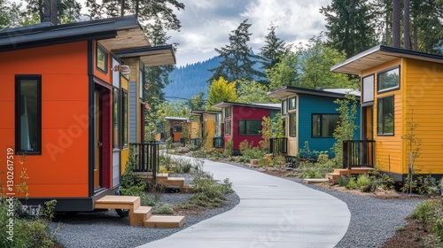 A tiny home village with multiple small houses, each designed uniquely, promoting a sustainable and community-driven lifestyle.