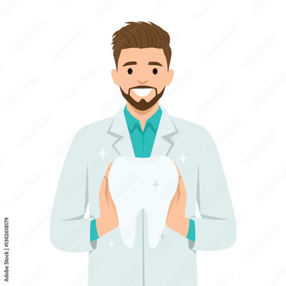 Smiling Dentist Holding a Giant Tooth sparkling. Flat vector illustration isolated on white background Smiling Dentist Holding a Giant Tooth sparkling. Flat vector illustration isolated on white background
