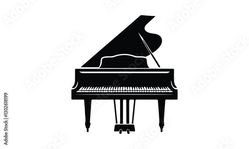 Black silhouette of a grand piano isolated on a white background, Black Silhouette, Grand Piano, White Background, Isolated, Musical Instrument, Classical, Elegant, Vector Illustration, Monochrome.