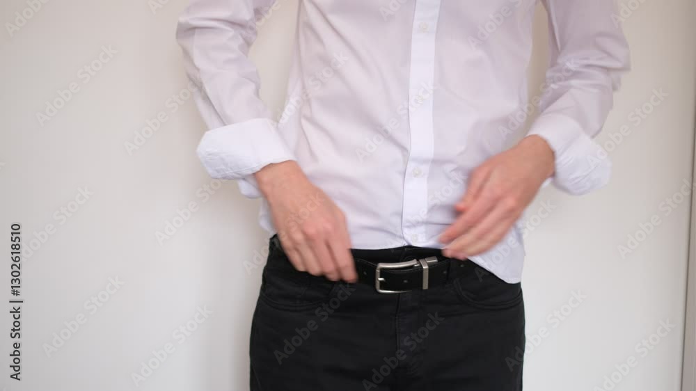young man tucking white shirt into trousers