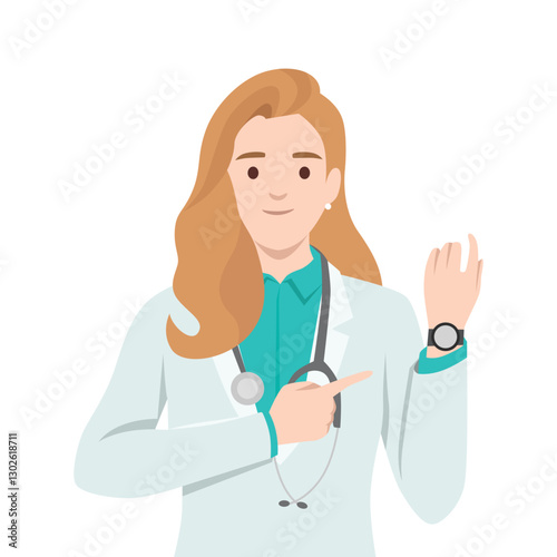 Young doctor is pointing at her smartwatch with a confident expression. Flat vector illustration isolated on white background