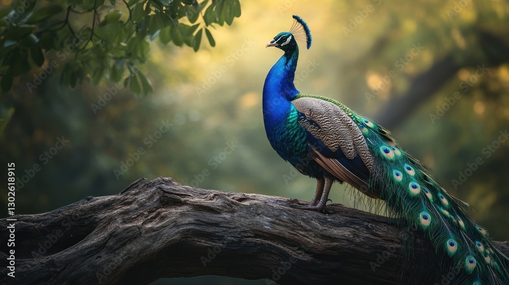 Obraz premium Majestic peacock perched on a tree branch in a lush forest. (2)