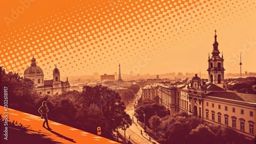 Stylized Urban Panorama with Retro Halftone and Warm Abstract Tones