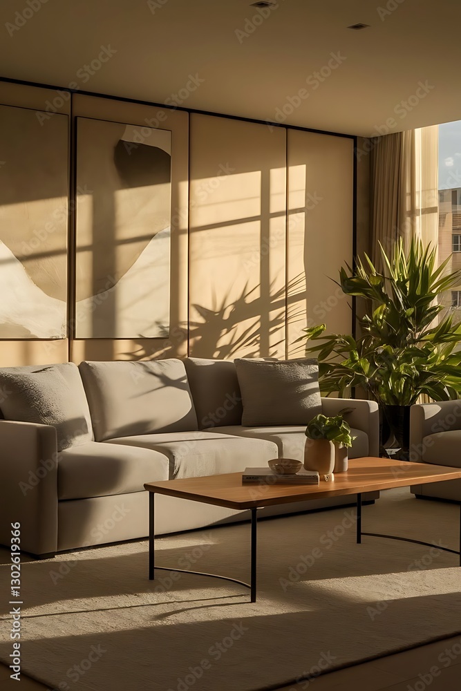 Fototapeta premium The interior design of modern living areas along with a light gray sofa, pillows, armchair, and coffee table.