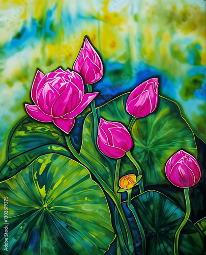 Lotus Flower Painting, Hand-Painted Batik Artwork, Vibrant Floral Print for Interior, Nature Wall Art, Green and Pink Botanical Illustration