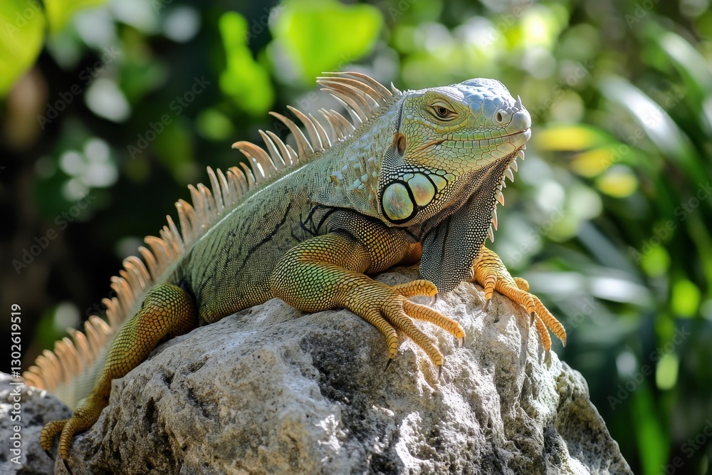 Iguana basking in the sun, perched atop a rock. Its scales shimmer with a mix of green, yellow and a tinge of blue. Iguana basking in the sun, perched atop a rock. Its scales shimmer with a mix of green, yellow and a tinge of blue.
