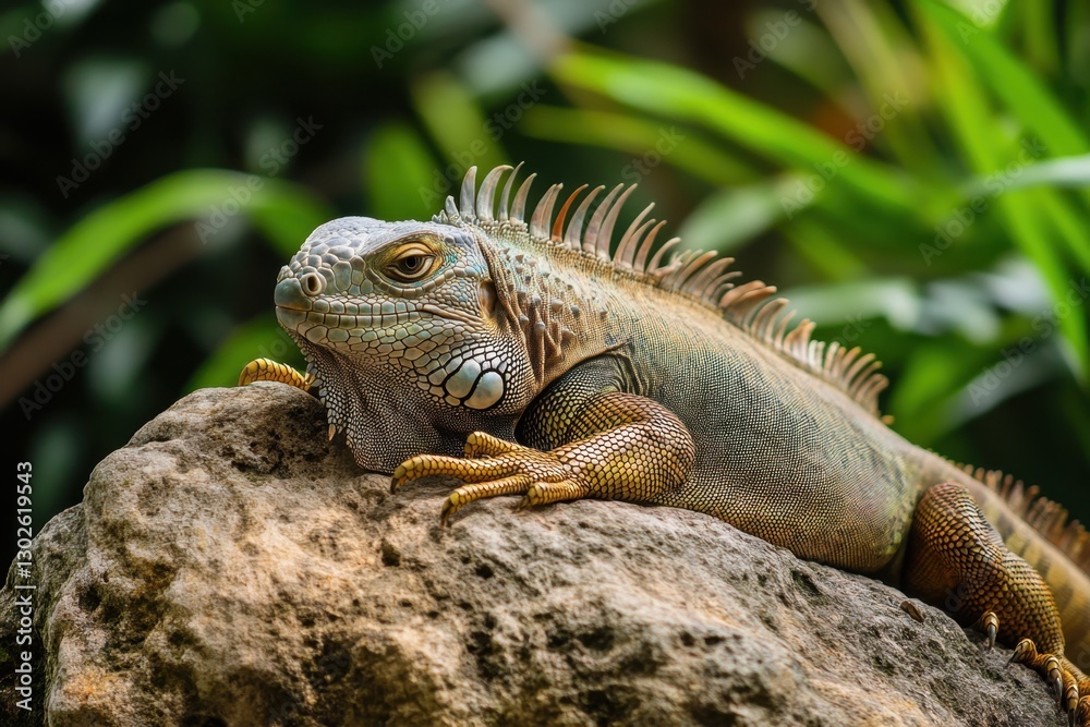 Iguana basking on a rock, green scales and spiky crest against a lush backdrop. A moment of reptile serenity in a natural habitat. Iguana basking on a rock, green scales and spiky crest against a lush backdrop. A moment of reptile serenity in a natural habitat.