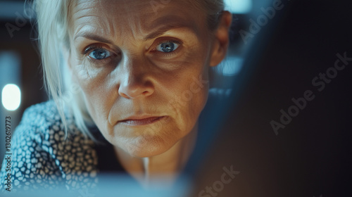 businesswoman working on desktop computer at office. Woman manager seriously looking at computer screen, thinking about problem solution. Business online meeting, planning and solution