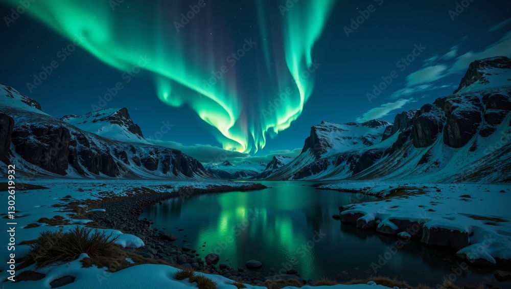 Naklejka premium Stunning display of aurora borealis illuminates snowy mountains and reflective water in Canadian Arctic Light. Concept emphasizes beauty and wonder of Canadian Arctic Light