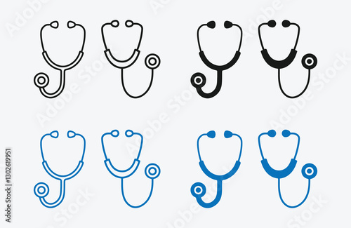 Stethoscope Icons Set. Doctor Stethoscope Symbols Pack. Healthcare Stethoscope Vector Icons. Stethoscope Equipment Icons Collection.