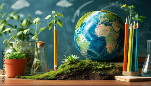 Environmental awareness, plants forming planet earth, teaching climate literacy in schools, climate education to safe planet earth, Various books, pencils, earth day, climate change