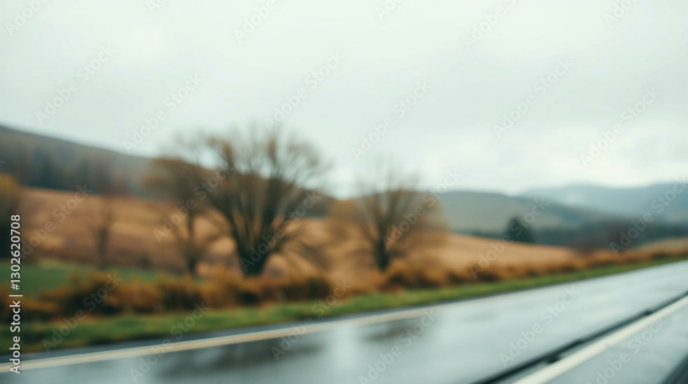 Fototapeta premium Blurred background of a wet road, trees, and hills, creating a moody and atmospheric scene.