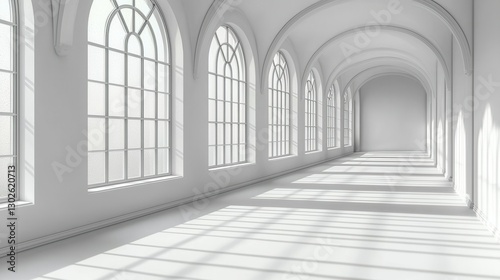 Bright and airy cathedral interior highlighting elegant arched windows and soft shadows in a minimalist space