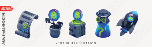 Cryptocurrency 3D realistic vector icons collection. Bitcoin wallet, plant, question mark, rocket, all elements in minimal plastic style, perfect for blockchain and crypto-related designs