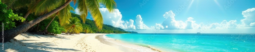 Obraz premium Sun-drenched beach, swaying palm trees, turquoise water, vibrant, getaway, sand