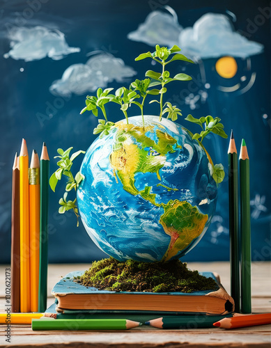 Environmental awareness, plants forming planet earth, teaching climate literacy in schools, climate education to safe planet earth, Various books, pencils, earth day, climate change
