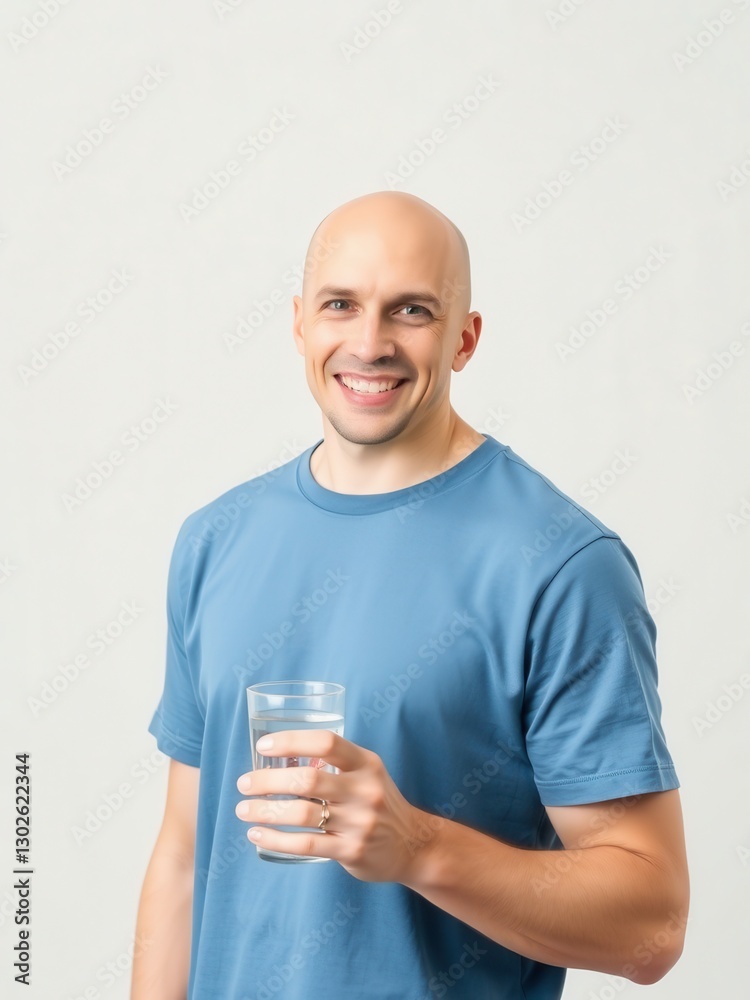 Smiling young caucasian male holding glass of water in blue shirt. Smiling young caucasian male holding glass of water in blue shirt.