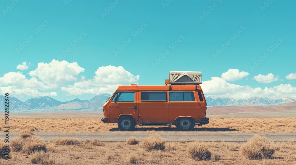 A van life adventure on a remote desert road, showcasing a fully equipped van with outdoor camping gear A van life adventure on a remote desert road, showcasing a fully equipped van with outdoor camping gear