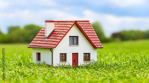 Wallpaper Mural Small White House Model with Red Roof in Green Grass Torontodigital.ca