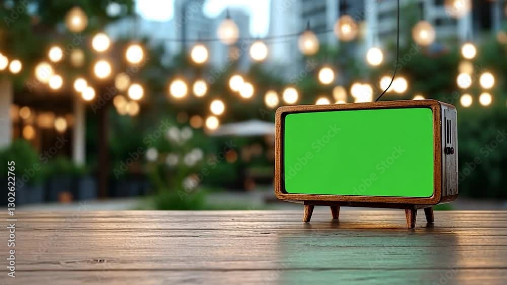Vintage television set on wooden table with blurred string lights and urban background
