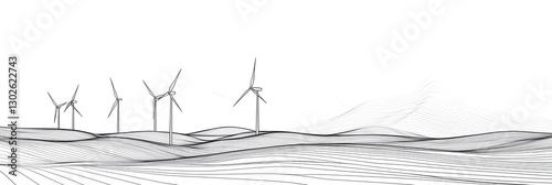 The wind power one line art composed of a single continuous line art wind generator, green energy electricity, windmill towers, isolated on white background