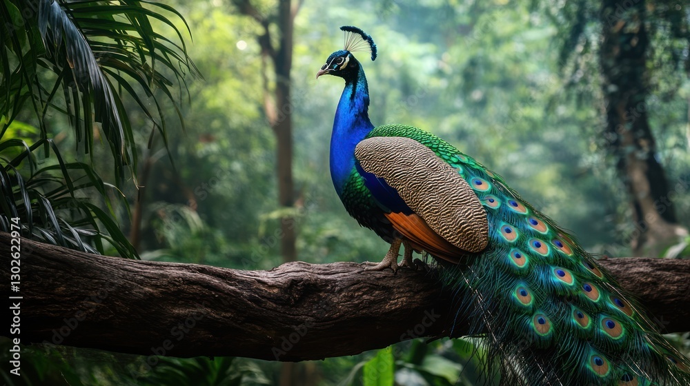 Obraz premium Majestic peacock perched on a branch in lush jungle.