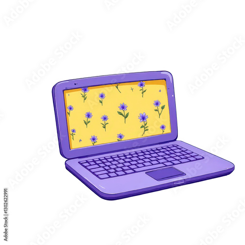 Purple laptop with a floral screen transparent background
