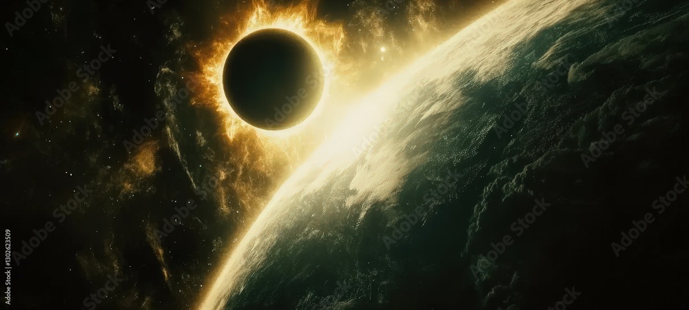 Fototapeta premium a solar eclipse, with the Sun s corona visible around the darkened moon, casting a surreal light over the Earth below.