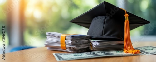 Graduation cap with stack of cash and documents symbolizing education costs