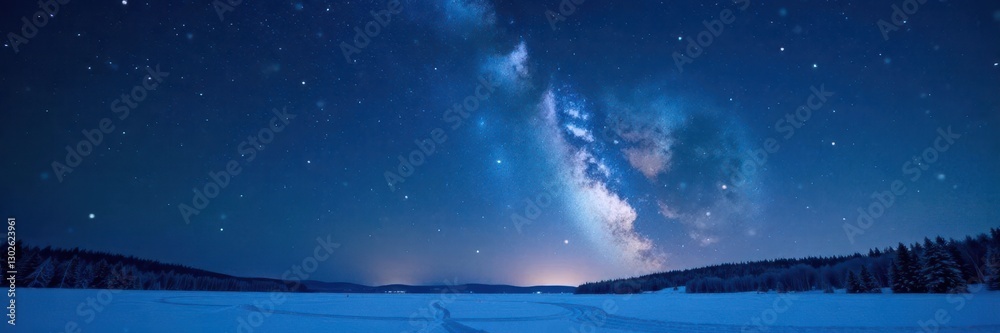 Fototapeta premium A sparkling glittering starry sky on a clear winter evening with snowflakes falling gently,, cold, stars