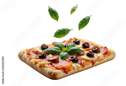 Rectangle Pizza with Pepperoni, Olives, and Basil with transparent background
