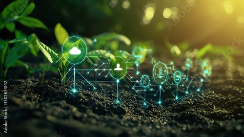 Futuristic smart agriculture with ai technology icons in lush green environment