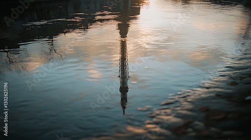 Tower Reflection In Calm Sunset Water