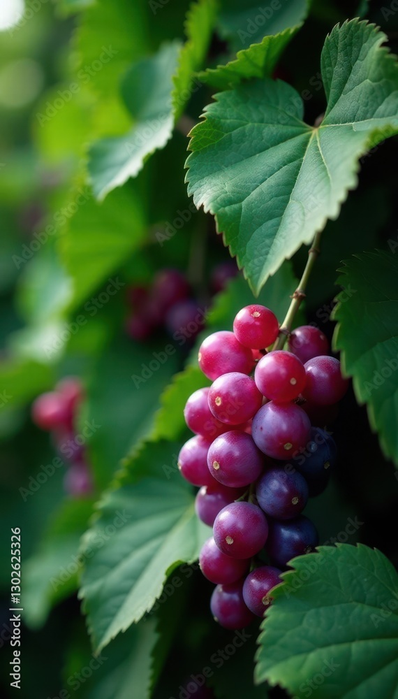 Fototapeta premium Grapevine flowers with large dark green leaves, leaves, flowers, greenery
