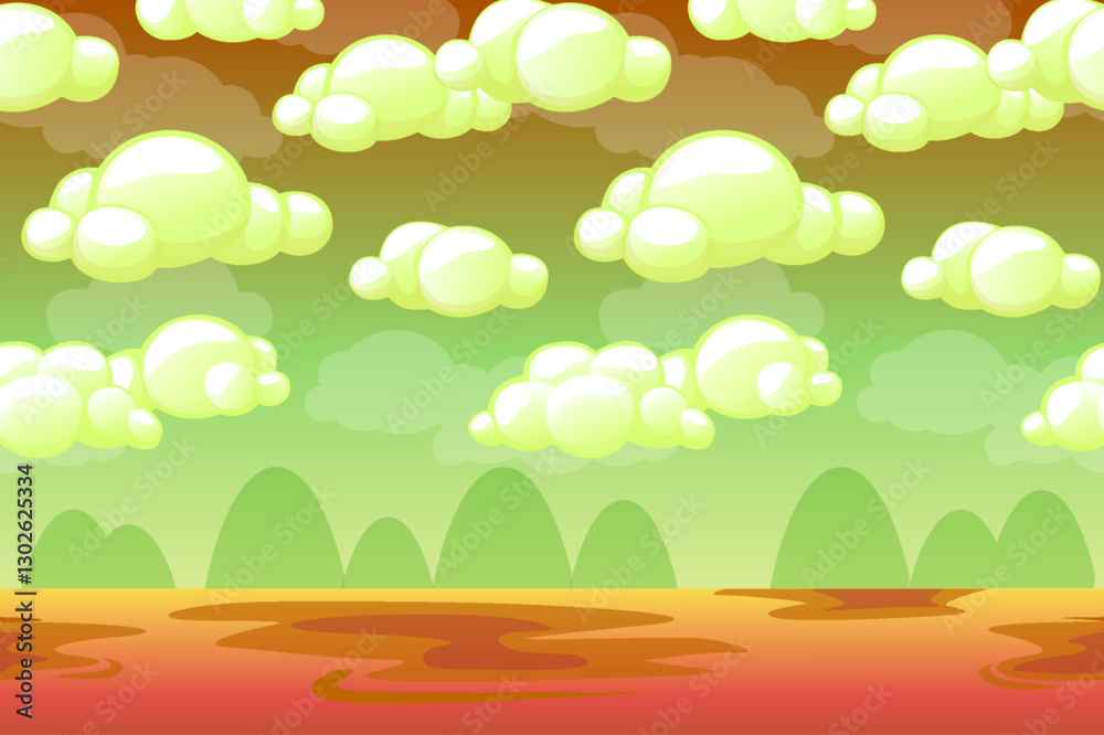 Obraz premium Game Background made from seamless endless elements-sky, clouds, mountains and desert. Vector assets and layers for your 2D mobile games. Cartoon style game background
