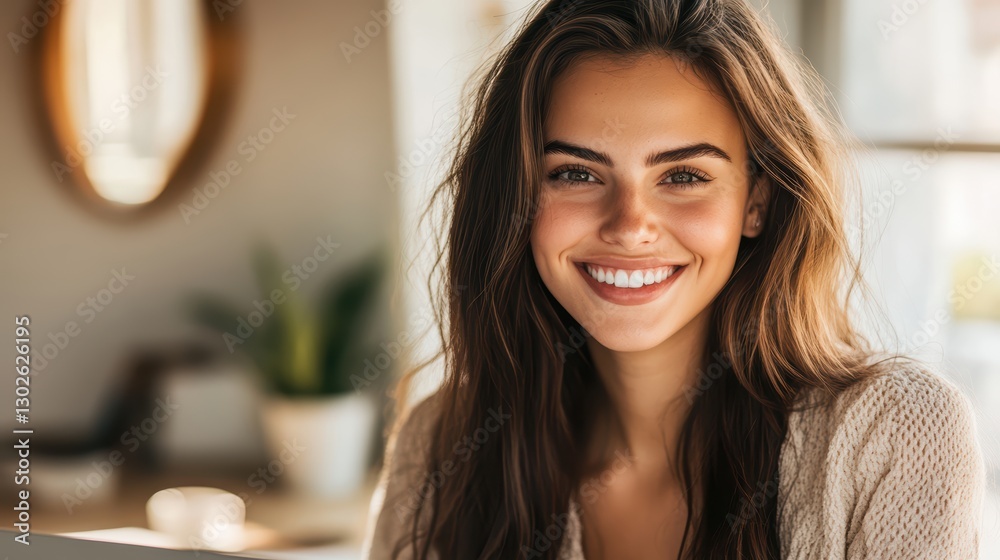 Smiling young caucasian female with long hair in cozy room setting Smiling young caucasian female with long hair in cozy room setting