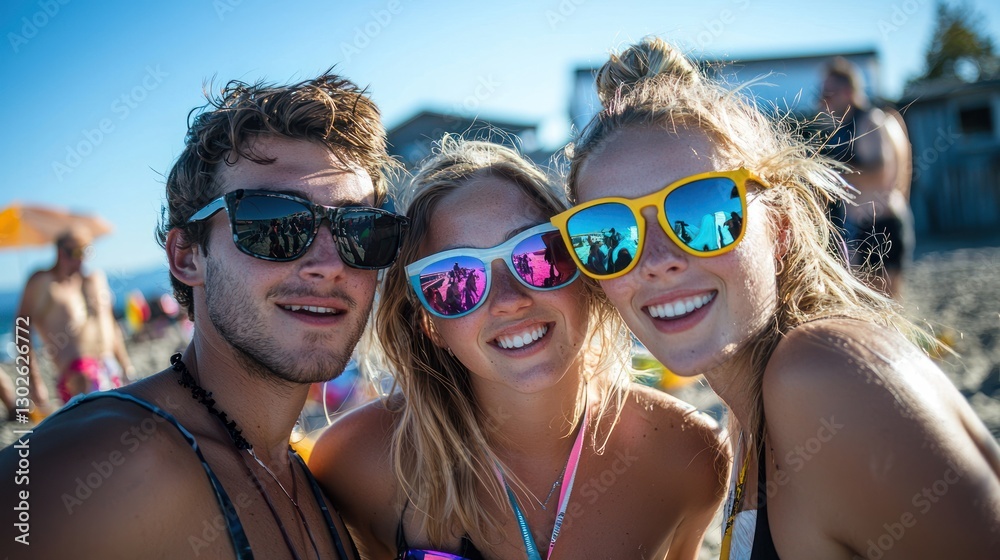 A group of friends at a beach party, all sporting cool sunglasses and having fun in the sun. A group of friends at a beach party, all sporting cool sunglasses and having fun in the sun.