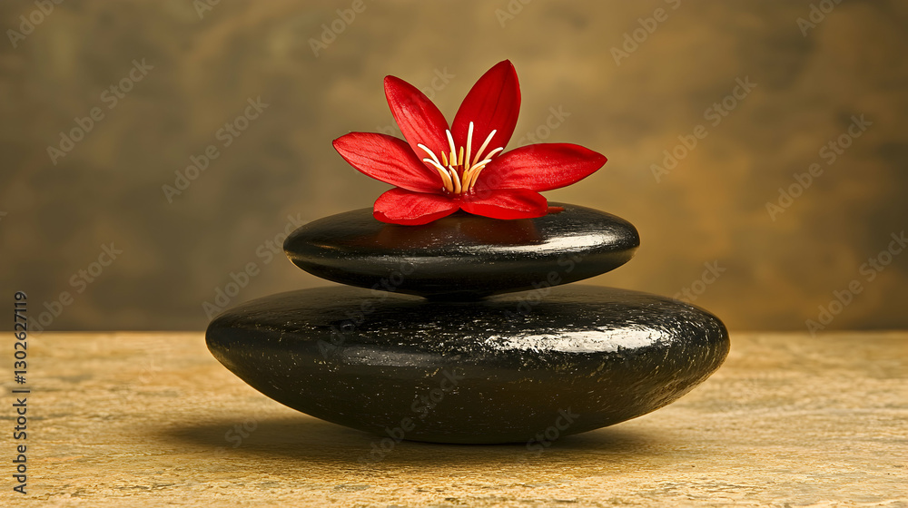 Red Flower on Stacked Black Stones on Beige Surface Red Flower on Stacked Black Stones on Beige Surface