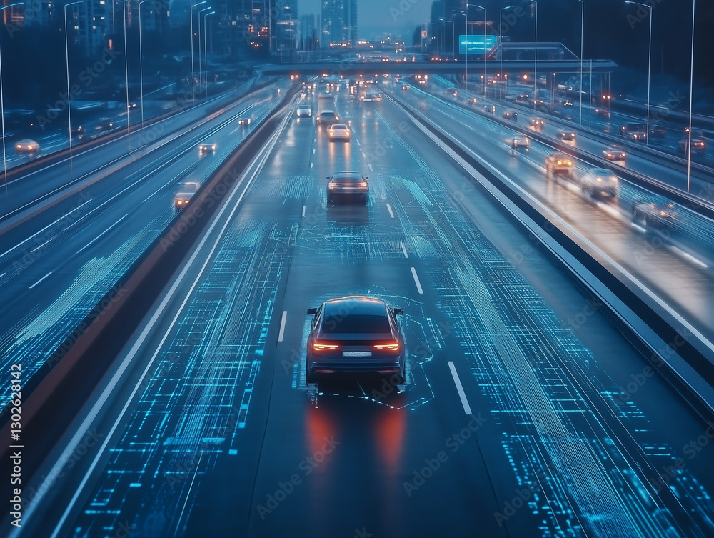 A futuristic depiction of AI-driven smart roads and highways, showcasing advanced transportation infrastructure. Features intelligent traffic management, autonomous vehicles, and IoT-powered road syst A futuristic depiction of AI-driven smart roads and highways, showcasing advanced transportation infrastructure. Features intelligent traffic management, autonomous vehicles, and IoT-powered road syst